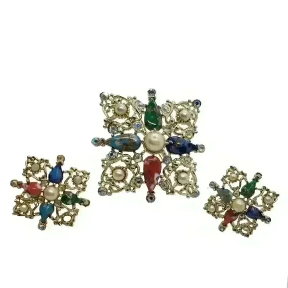Vintage Sarah Coventry Galaxy Brooch Earrings Set MCM Swirl Glass Cabs AB Pearls - Picture 1 of 9